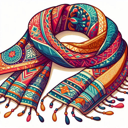Colorful scarf with ethnic ornaments. Hand drawn illustration.のイラスト素材