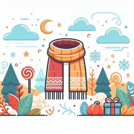 Vector illustration of winter landscape with snowflakes, trees, lanterns, clouds, gift boxes and Christmas decorations.のイラスト素材