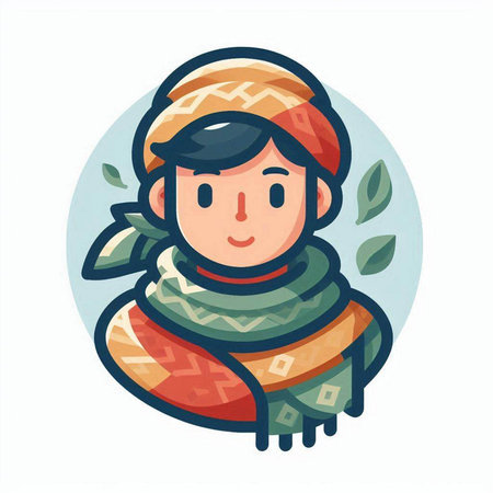 Vector illustration of a boy in a warm knitted hat and scarf.のイラスト素材