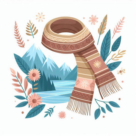 Winter vector illustration with a scarf, mountains, flowers and plants.のイラスト素材