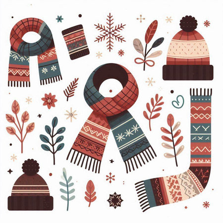 Vector set of winter items: scarf, hat, hat, scarf, gloves, snowflakes.のイラスト素材