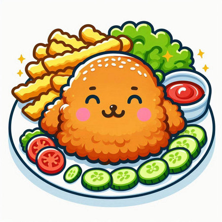 Illustration of a Cute Kawaii Fried Chicken with Sliced Vegetablesのイラスト素材