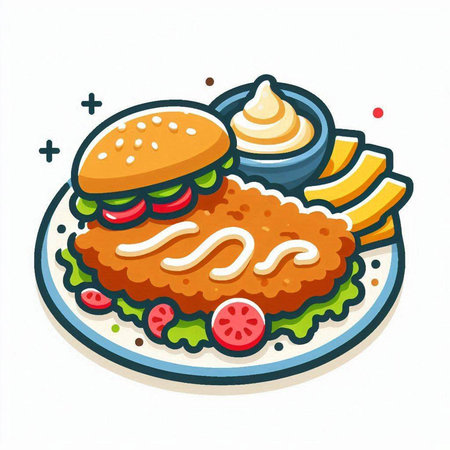 Breaded hamburger with salad and mayonnaise, vector illustrationのイラスト素材