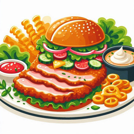 Illustration of a hamburger on a plate with fries and sauceのイラスト素材