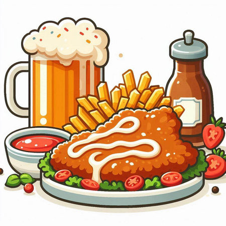 Illustration of a Fried Chicken with French Fries and a Beerのイラスト素材