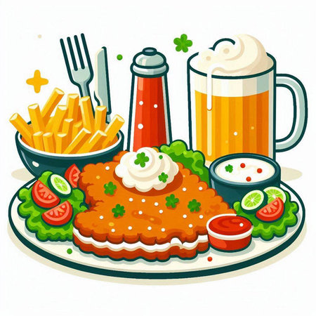 Illustration of a plate with a hamburger and a glass of beerのイラスト素材
