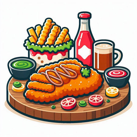 Illustration of fried chicken, french fries and beer on a wooden boardのイラスト素材