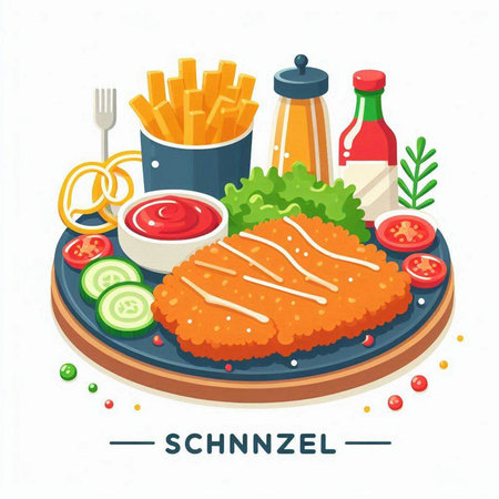 Schnitzel with french fries and ketchup. Vector illustration.のイラスト素材