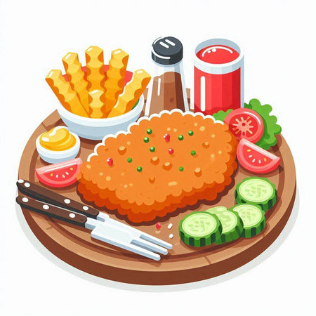 Chicken nuggets with french fries and vegetables on a wooden board. Vector illustration.のイラスト素材