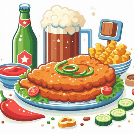 Illustration of a beer mug with schnitzel and snacksのイラスト素材