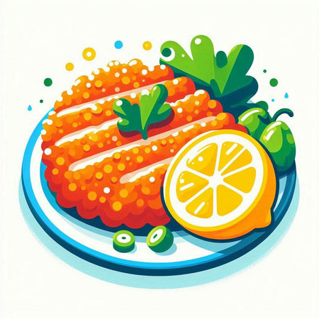 Salmon cutlet with lemon and green peas. Vector illustration.のイラスト素材