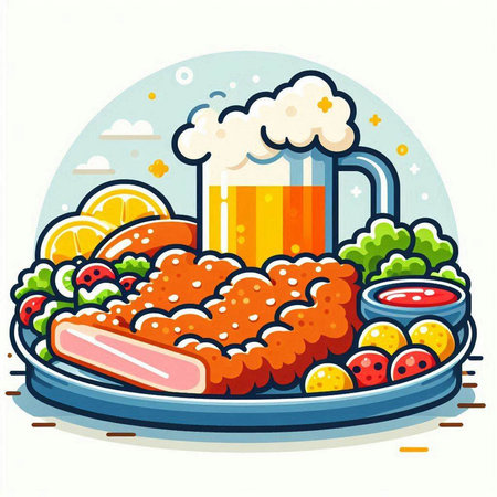 Illustration of a beer mug with fried chicken legs and vegetables.のイラスト素材