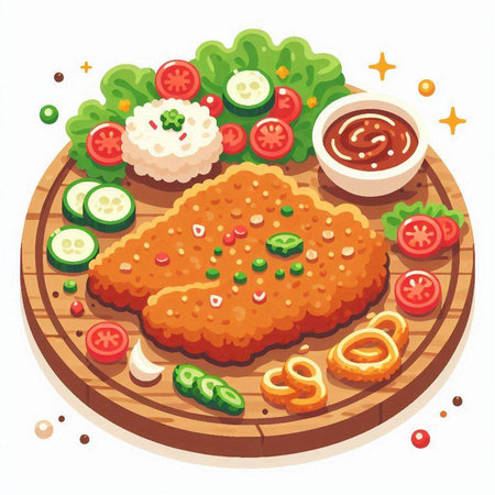 Illustration of fried chicken fillet with sauce and vegetables on a wooden boardのイラスト素材