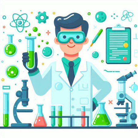 Scientist with equipment and science experiments. Vector illustration in flat styleのイラスト素材