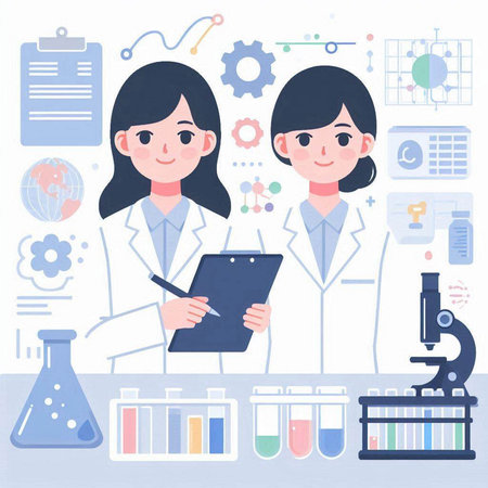 Vector illustration of a female scientist and her assistant in a laboratory.のイラスト素材
