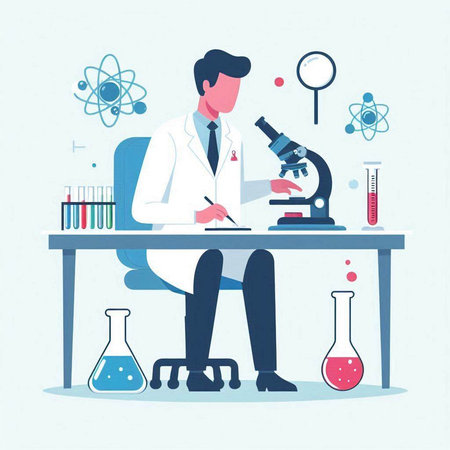 Scientist working with microscope in laboratory. Vector illustration in flat styleのイラスト素材