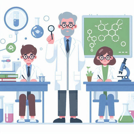 Vector illustration of a male scientist and a female student in the laboratory.のイラスト素材