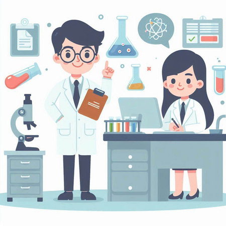 Male and female scientist working in laboratory. Flat style vector illustration.のイラスト素材