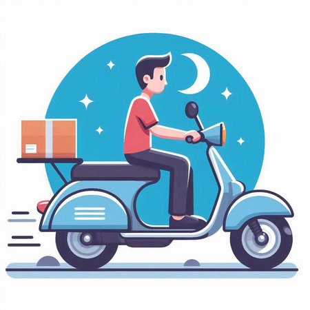 Delivery man on scooter with boxes. Flat style vector illustration.のイラスト素材