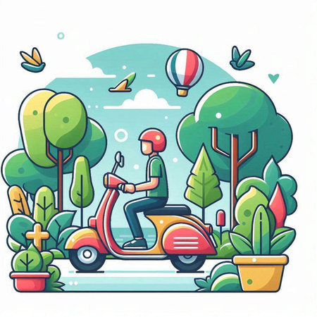 Man riding a scooter in the park. Vector illustration in flat styleのイラスト素材