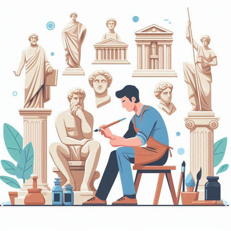 Flat design vector illustration concept of classical art and culture. Young man sitting on a chair and reading book.のイラスト素材
