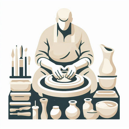 Potter in pottery workshop. Vector illustration of a potter making pottery.のイラスト素材