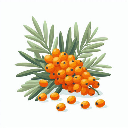 Sea buckthorn berries with leaves. Vector illustration isolated on white background.のイラスト素材