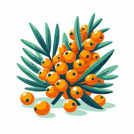 Branch of sea buckthorn berries with leaves. Vector illustration.のイラスト素材