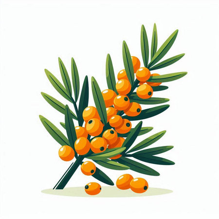 Sea buckthorn branch with berries isolated on white background. Vector illustration.のイラスト素材