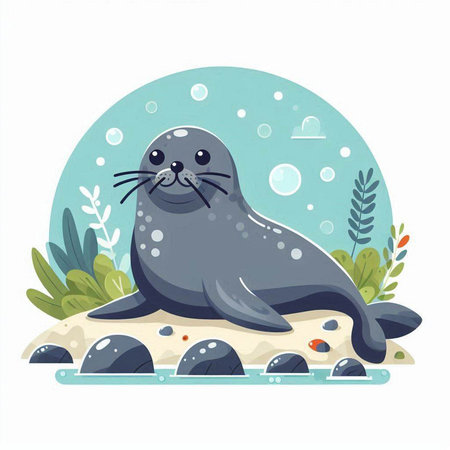 Cute seal on the seashore. Vector illustration in cartoon style.のイラスト素材