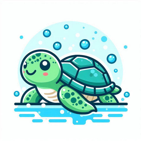 Cute cartoon sea turtle swimming in the water. Vector illustration.のイラスト素材