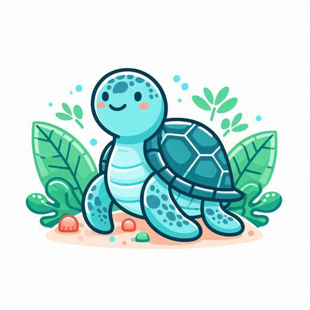 Cute little turtle cartoon vector illustration. Cute baby turtle character.のイラスト素材