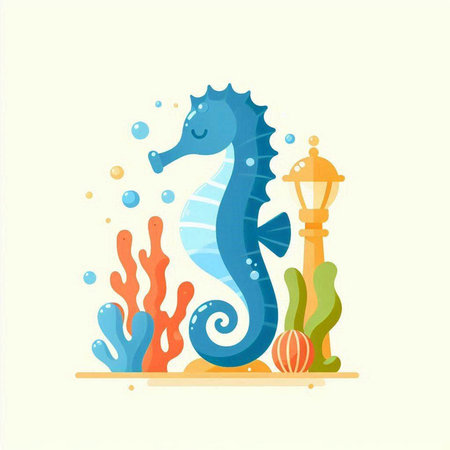 Sea horse, seahorse, corals and lantern. Vector illustrationのイラスト素材