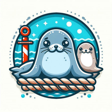Cute seal on a rope in the sea, vector illustration.のイラスト素材