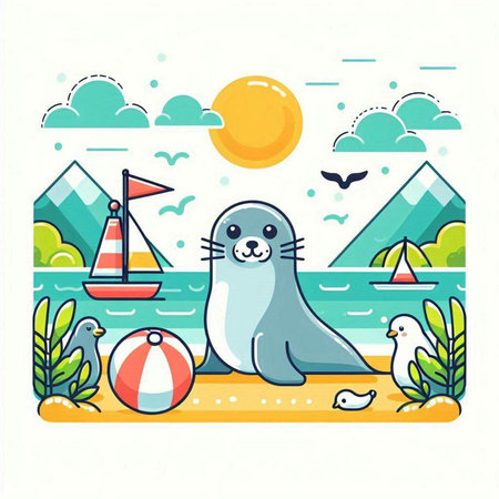 Vector illustration of cute seal on the seashore in flat styleのイラスト素材