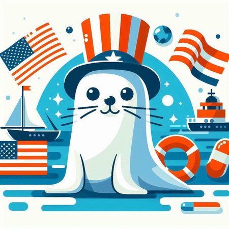 Cute seal with american flag on the background. Vector illustrationのイラスト素材