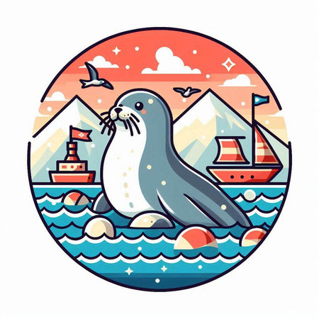 Cute seal on the beach. Vector illustration in flat style.のイラスト素材