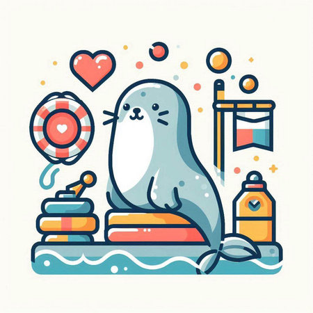 Cute seal and sea life. Vector illustration in linear style.のイラスト素材