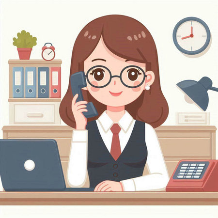Young businesswoman talking on the phone in office. Vector illustration.のイラスト素材