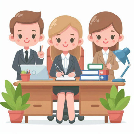 Business people sitting at desk and working in office. Vector illustration.のイラスト素材