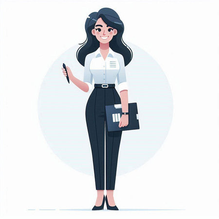 Businesswoman with clipboard and pen. Vector illustration in cartoon style.のイラスト素材