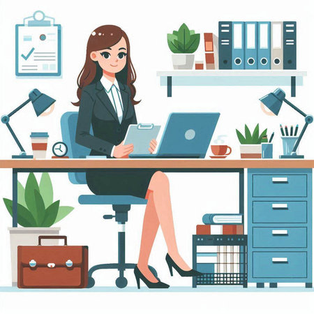 Businesswoman sitting at the desk in the office, vector illustration.のイラスト素材