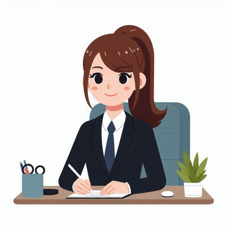 Young business woman writing in a notebook at office. Vector illustration.のイラスト素材