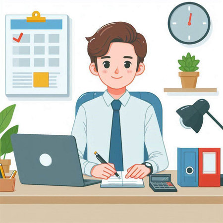 Businessman working at office. Vector illustration in flat cartoon style.のイラスト素材