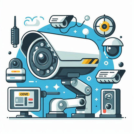 Vector illustration of a security camera on blue background. Security camera.のイラスト素材