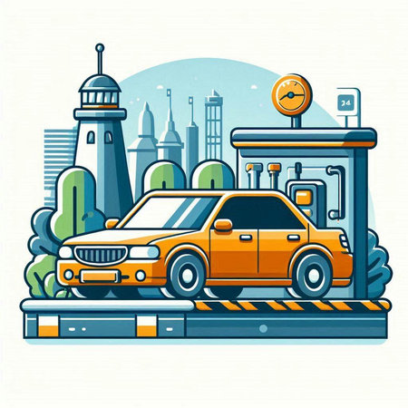 Car on the road in the park. Vector illustration in flat styleのイラスト素材