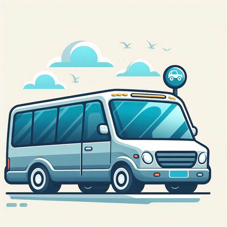 Vector illustration of a bus on a background of blue sky and cloudsのイラスト素材
