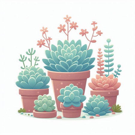 Illustration of cactus in flowerpot. Succulents in flowerpots.のイラスト素材