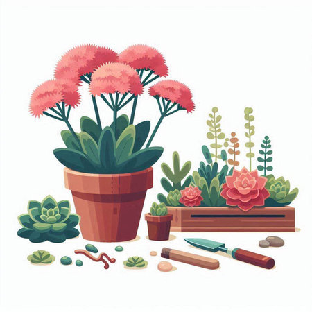 Flowerpot with succulents and garden tools. Vector illustration.のイラスト素材
