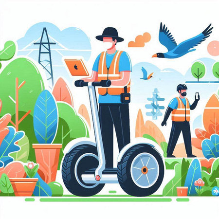 Vector illustration of electric scooter delivery service. Man in a protective helmet and waistcoat with a laptop in his hands on an electric scooter.のイラスト素材